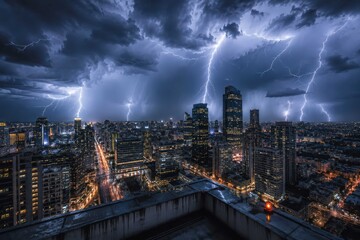 Fototapeta premium Severe thunderstorm with multiple lightning bolts striking modern city skyline at night above illuminated skyscrapers and dramatic storm clouds panorama