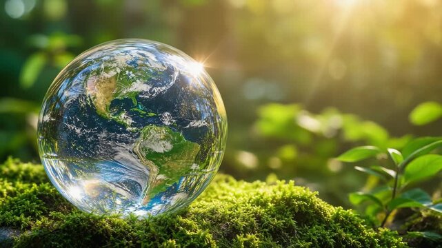 Earth globe in crystal ball on green moss with sunlight nature environment conservation concept
