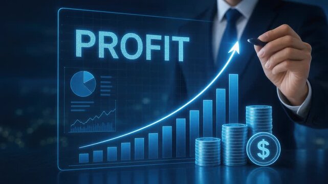 Businessman drawing rising profit graph with stacked coins and financial charts in modern digital concept