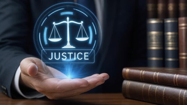 Hand holding glowing justice scales icon with law books in background representing legal fairness