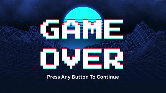 Retro arcade game over screen with vibrant pixelated typography and a futuristic neon grid background, prompting players to continue their virtual journey in a classic 80s style