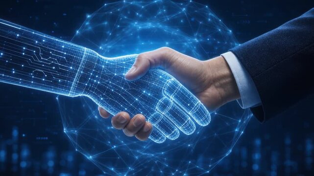 Businessman shaking hands with digital robot hand symbolizing technology partnership and futuristic innovation