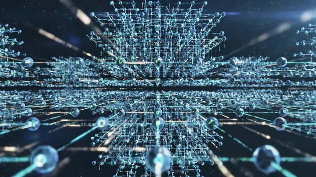 Glowing blue particles moving through a complex multidimensional grid representing advanced artificial intelligence network connectivity