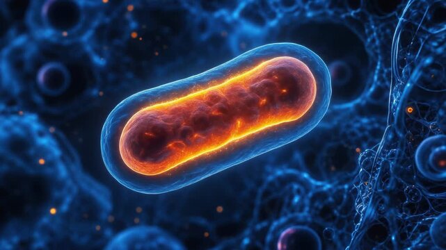 Close up 3D rendering of glowing mitochondrion inside a cell showing detailed structure and energy production