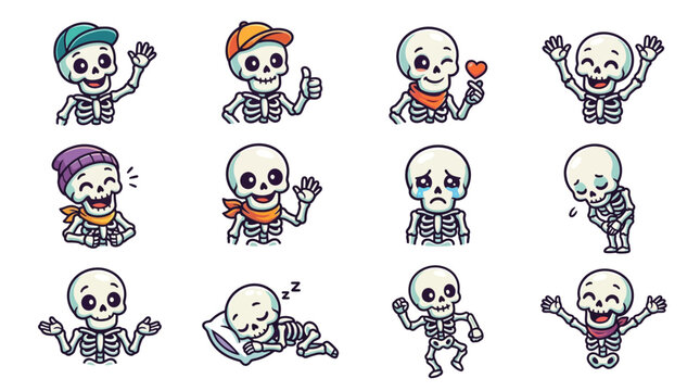 Collection of 12 cute cartoon skeleton characters with varied moods