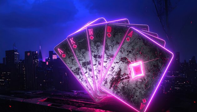 Fanned Futuristic Cyberpunk Deck of Playing Cards with Neon Pink and Blue Accents Against a Dark Cityscape Background