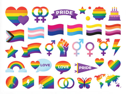 LGBTQ Pride Month sticker set, rainbow flag icons and gender symbols vector collection, inclusive community celebration elements for social media