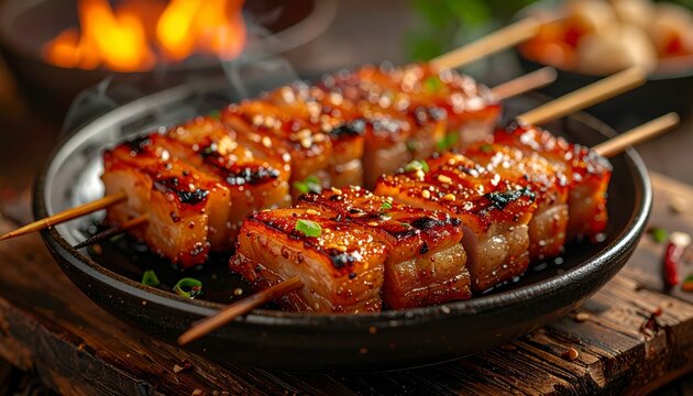 Succulent Grilled Pork Belly Skewers with Caramelized Glaze Served Hot on a Dark Plate