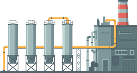 Industrial Factory Plant Vector Illustration with Large Storage Silos Yellow Pipelines and Striped Smokestack Chimney for Manufacturing Power and Energy Graphic Designs © Mst