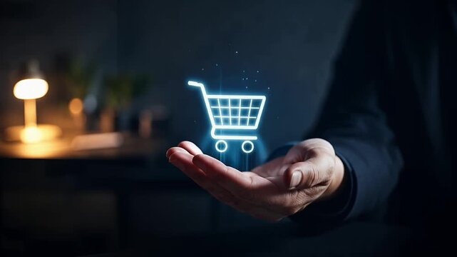Digital shopping cart icon glowing above an open hand, representing the future of online commerce, retail convenience, and advanced technology in consumer purchasing