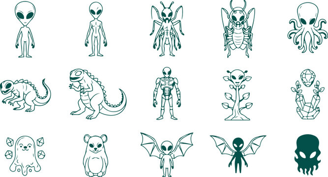 Set of alien creature and monster icons and symbols with UFO technology and sci fi elements on transparent background.