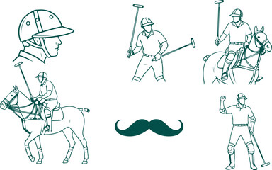 Obraz premium Polo players on horses with mallets and helmet in outline sketch style.