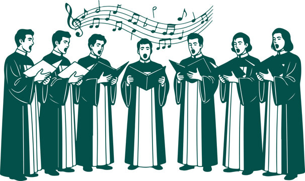 Choir singing with musical notes in elegant green line art style.