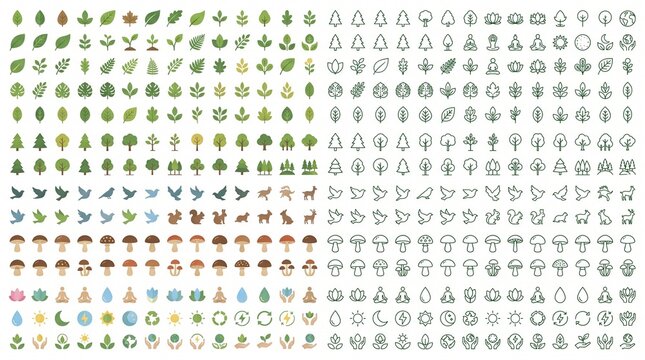 Nature and Environment Icon Set: Flat Design and Outline Vector Collection of Leaves, Trees, Animals, Mushrooms, and Eco Symbols for UI/UX Design
