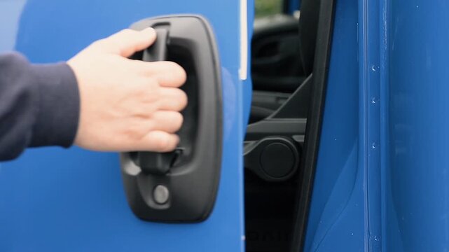 Man opening blue van door close up