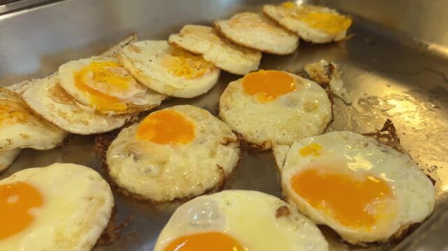Close up video of fried egg with golden yolk and crispy edges in hot homemade cooking