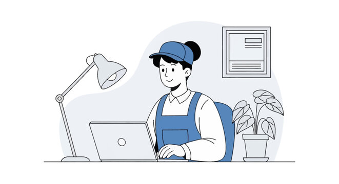 Vector illustration of a female worker wearing a blue cap and overalls sitting at a desk using a laptop with a satisfied expression. Office setup includes a lamp and a potted plant.