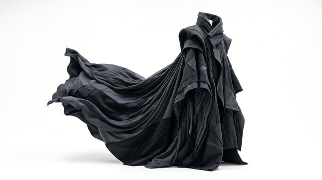 Avant-garde black pleated voluminous flowing fabric design in a studio setting