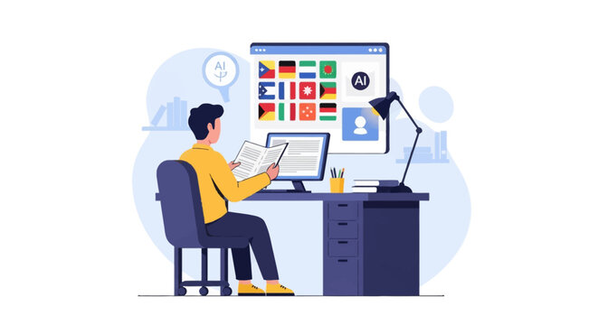 Vector illustration of a male professional using AI translation software at a desk, featuring a computer screen with international flags for multilingual global communication.
