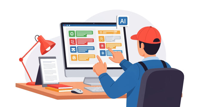 Vector illustration of a male worker in a red cap and blue uniform using a desktop computer for AI translation and multilingual language processing at an office desk with a lamp.