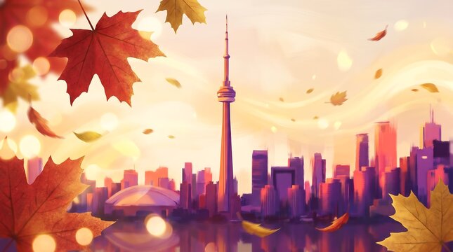 Toronto skyline illustration with falling autumn maple leaves at sunset