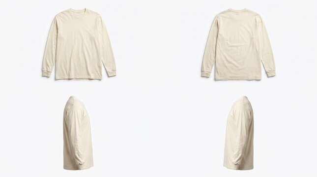 Plain heavyweight long-sleeve cream shirt floating against clean white. Front, back, and sleeve views for apparel mockups and product display