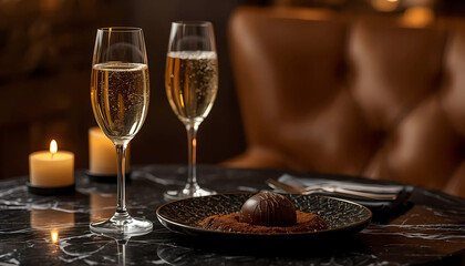 Fototapeta premium Champagne and chocolate on a black marble table