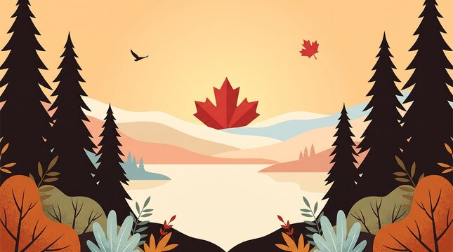 Minimalist Canadian autumn landscape illustration with maple leaf sun