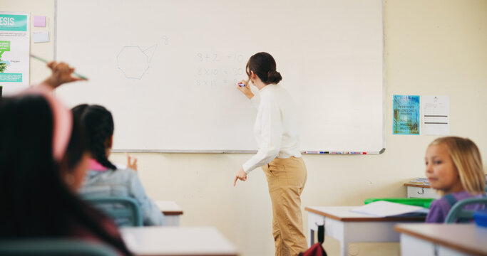Students, teacher or woman with writing on whiteboard, addition lesson or math syllabus for learning. Teaching, education or educator with class for problem solving, knowledge or elementary school