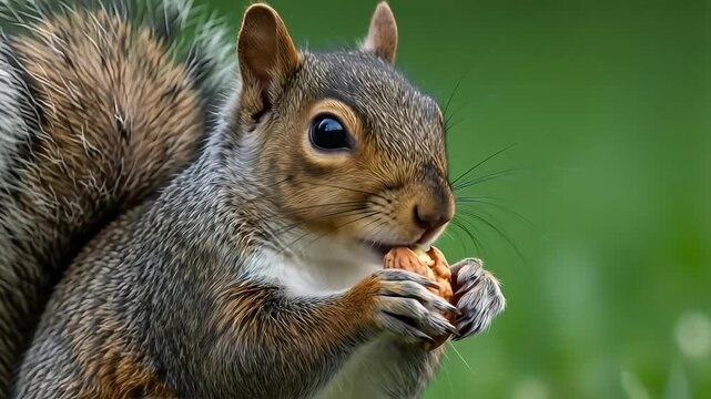 Close-up portrait of curious red squirrel eating nut in lush green forest setting