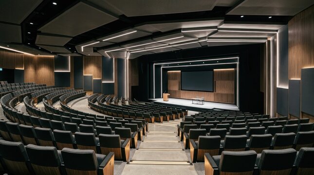 Modern auditorium with curved seating, advanced lighting, and a stage for presentations and events