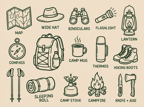 Vintage camping icons set, hand drawn outdoor adventure gear illustrations, 15 hiking equipment vector elements for wilderness travel and scouting