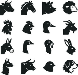 Obraz premium Farm Animals and Poultry Head Silhouette Icon Set with Cow Horse Pig Chicken Goat and Dog Vector