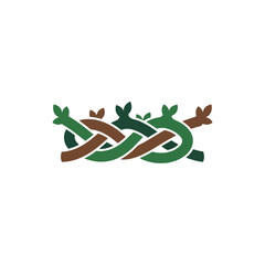 Fototapeta premium Celtic knot design with green and brown braided vines and leaves on white background. EPS Editable