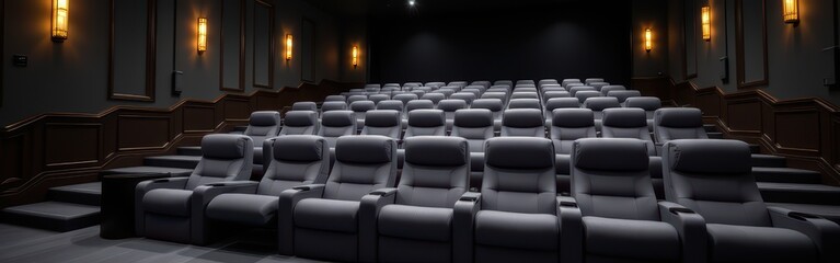 Obraz premium Empty luxury movie theater with black leather reclining seats and dim wall sconces lighting.