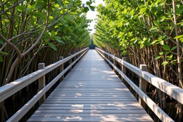 Obraz premium Wooden boardwalk through dense mangrove forest under bright daylight.