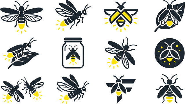 Glow Firefly and Lightning Bug Logo Icon Set with Jar Leaves Geometric Concepts and Insect Badges Vector