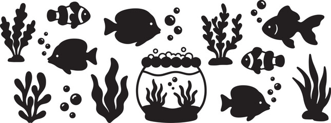 Naklejka premium Aquarium Pet Fish, Fishbowl and Aquatic Plants Silhouette Vector Set