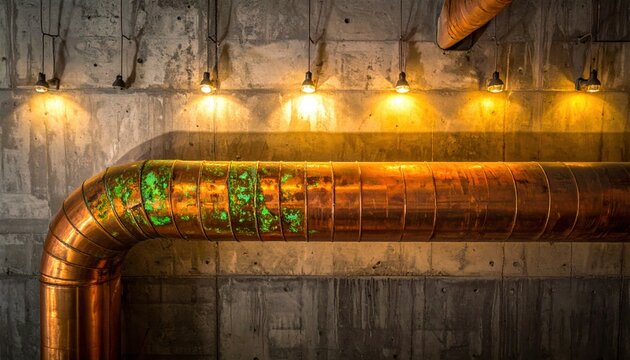A heavily oxidized industrial copper pipe with prominent green patina and orange hues, illuminated by warm overhead lighting against a rough concrete wall.