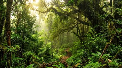 Fototapeta premium Lush green jungle with towering trees, dense foliage, and sunlight filtering through the canopy