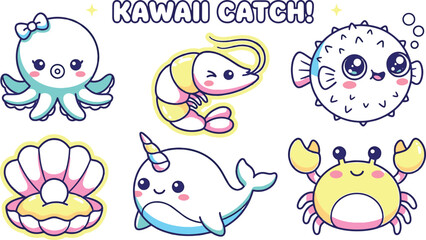 Kawaii Sea Creatures and Cute Marine Life Vector Sticker Set © Open Expression