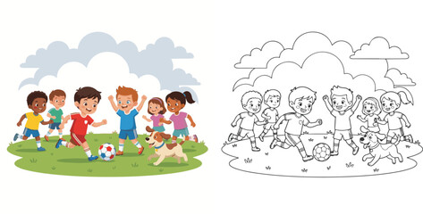 Naklejka premium children playing in a park and children playing with bubbles sport nature ball cartoon print illustration vector clipart and line art colouring book for kids drawn hand drawn.