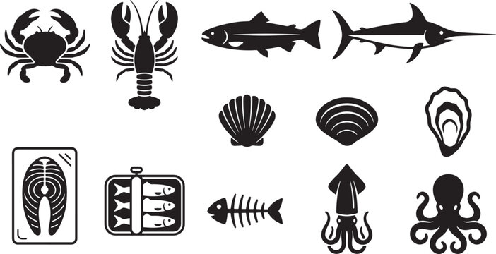 Crustacean, Seafood, and Marine Life Black Silhouette Vector Icon Set