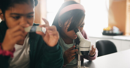 Science, students and girls with microscope for learning, stem education and knowledge in lesson. Sample, microbiology and children in lab for chemistry study, research and test experiment in school © peopleimages.com