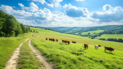 Obraz premium Herd of cows grazing on green hills with dirt road and blue sky. Scenic alpine landscape with a herd of cows 