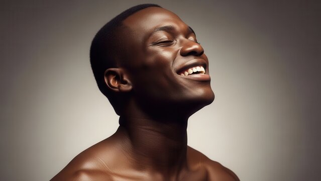 Joyful Black man with radiant glowing skin laughs with eyes closed and head tilted back against a soft studio gradient background in this serene and healthy Wallpaper Background image