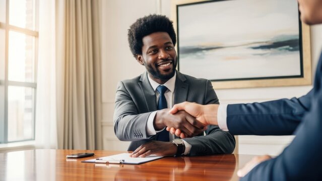 Smiling Black businessman in grey suit shaking hands at polished wooden table in bright Wallpaper Background image