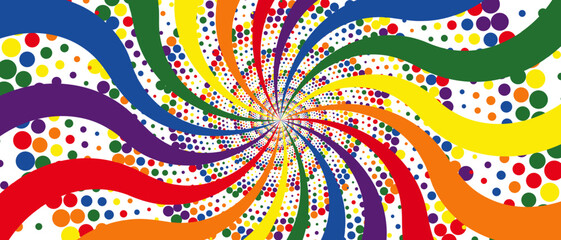 Retro rainbow pride background with vintage circus sunburst and pop art dots. Psychedelic colorful swirl pattern poster with LGBT theme, abstract design in 70's carnival style. Hypnotic vector  © Olga Shulgina
