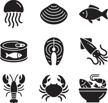 Seafood and Marine Life Black Silhouette Vector Icon Set