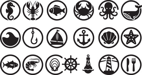 Seafood, Marine Life, and Nautical Black Silhouette Circle Icon Set © Open Expression